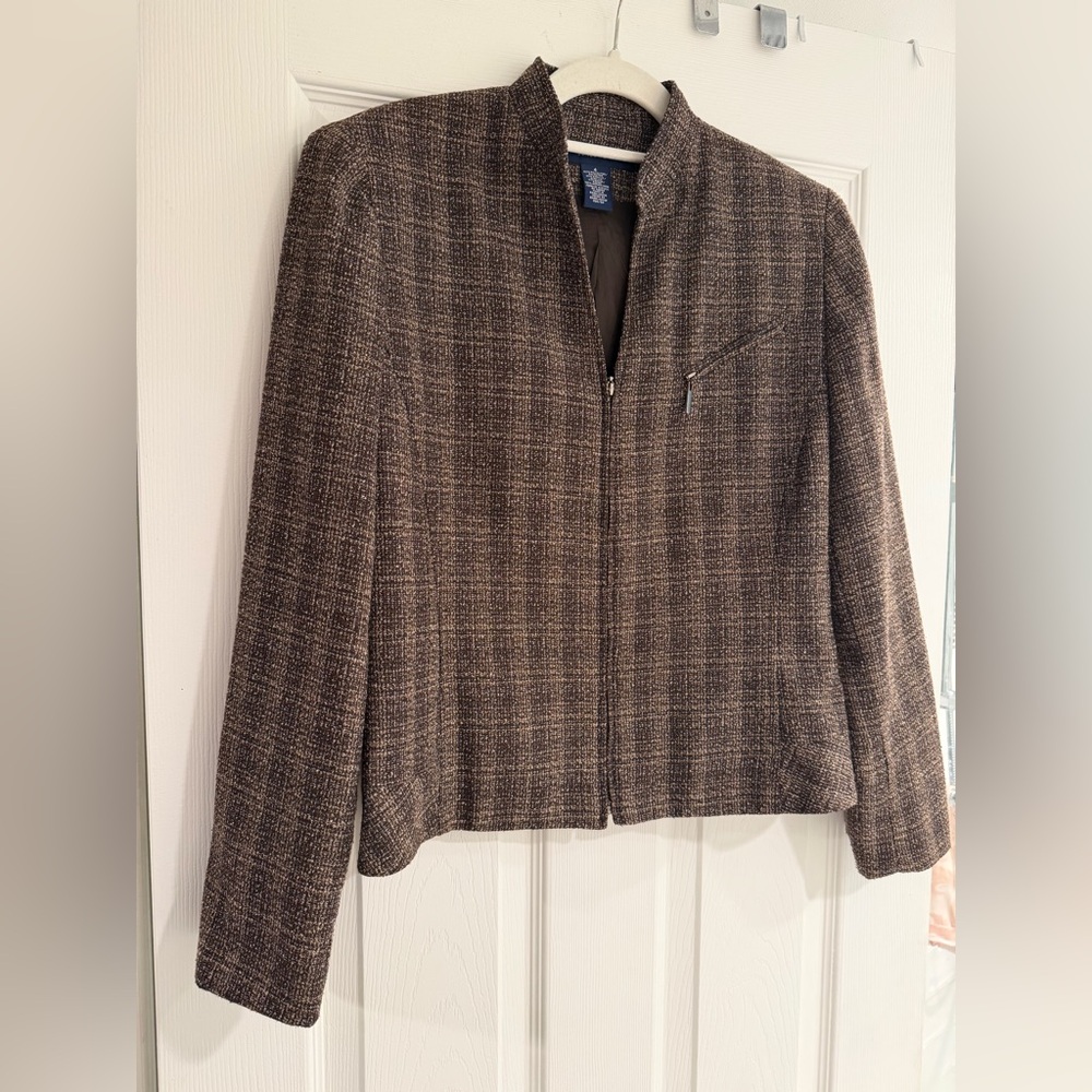 Women’s Vintage Jones Wear Textured Blazer Suit Jacket - Brown Plaid Acrylic